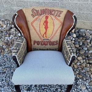 SOLD accent Arm Chair Vintage Upholstered with Striped Fabric and Clean Coffee Sack // Living Room Chair // Otomi Chair