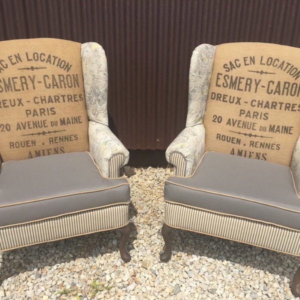 ONE Wingback Chair with Vintage French Burlap Sack, Grey Linen, Ticking Stripe, and Map Fabric Upcycled Vintage Chairs Living Room Chairs