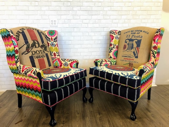 Wingback Chairs With Brindle Cowhide Coffee Bean Burlap Jute Etsy