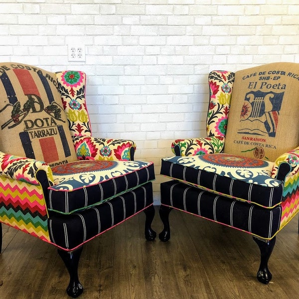 SOLD Wingback Chairs with Brindle Cowhide, Coffee Bean Burlap Jute Sacks, and Bright Fabrics Vintage Upholstered Chairs  Up-Cycled Furniture