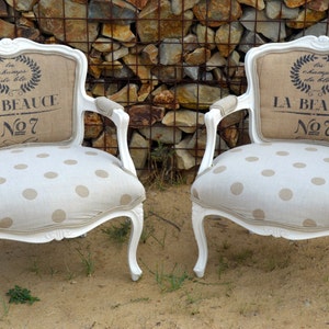 SOLD Chair, Vintage Accent Arm Chair French Style with Polka Dots and Burlap Upholstered // Accent Chair // Living Room Chair