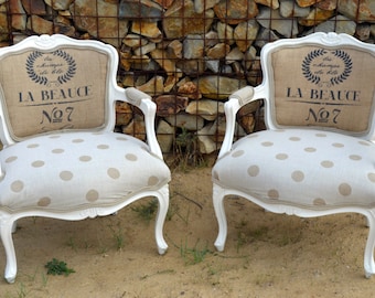 SOLD Chair, Vintage Accent Arm Chair French Style with Polka Dots and Burlap Upholstered // Accent Chair // Living Room Chair