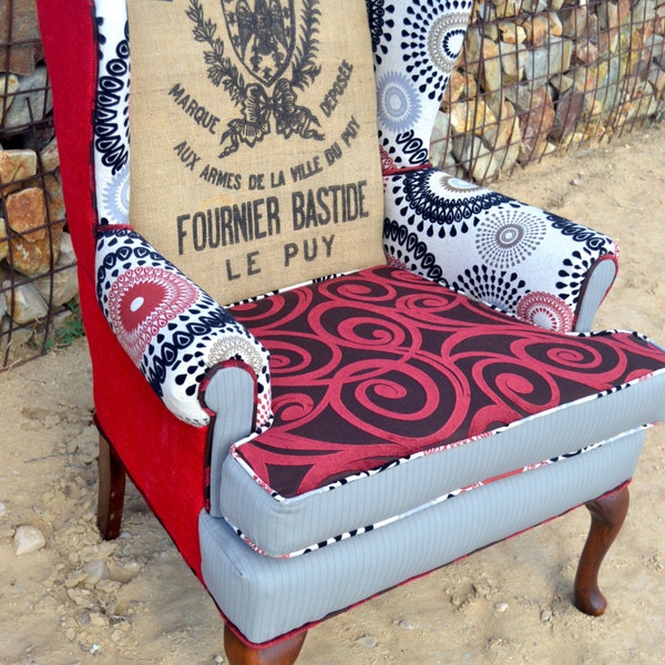 Wingback Chair with Red Fabric and Vintage French Grain Sack // Arm Chair // Upholstered Accent Chair // French Style Chair //