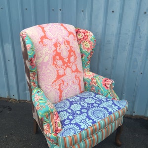 SOLD Wingback Chair Upholstered Vintage with Amy Butler Fabric & Faux Cowhide // Accent Chair // Arm Chair // Farmhouse Decor