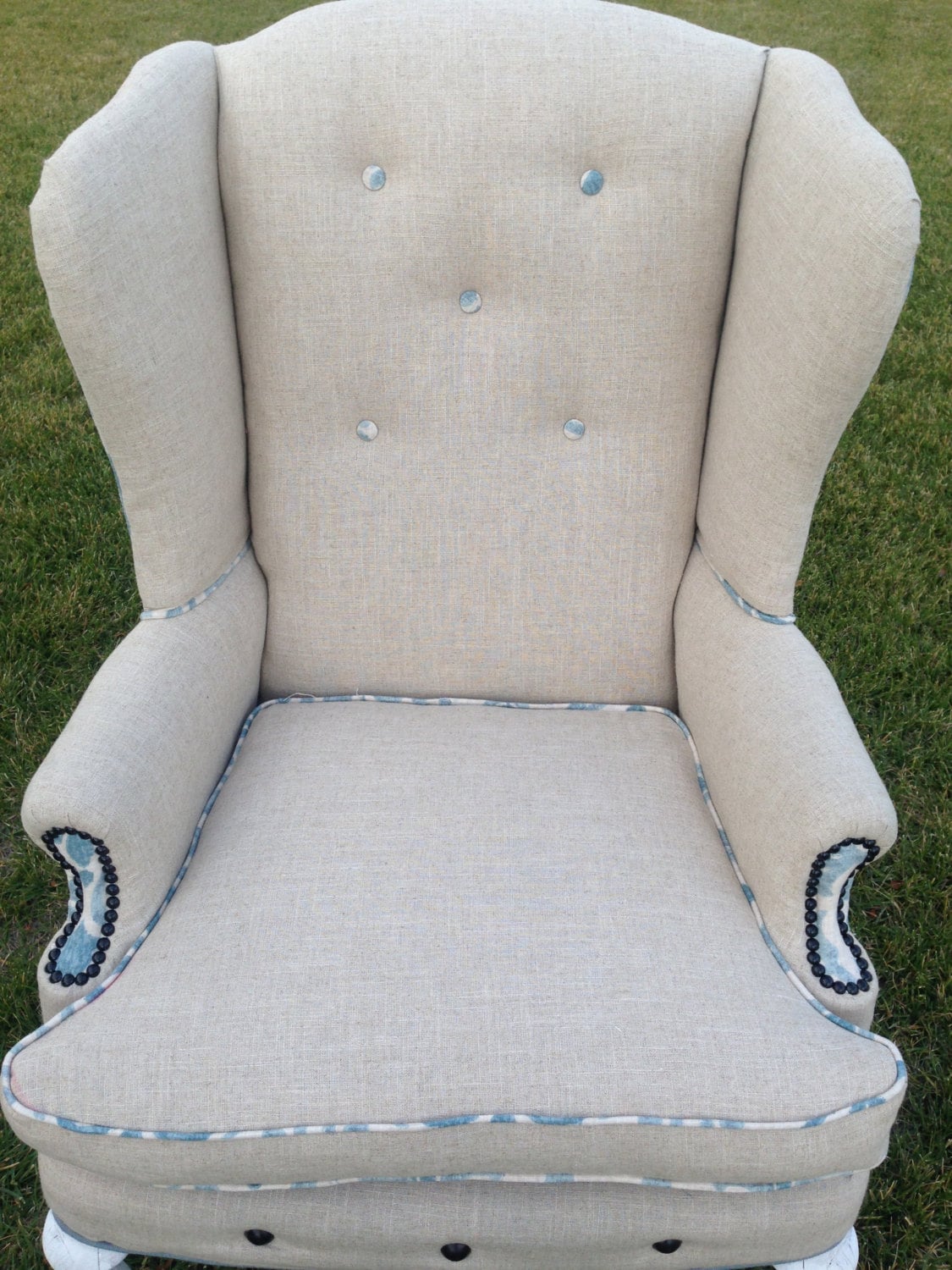 Wingback Chair Vintage Upholstered Custom Linen and Blue with | Etsy