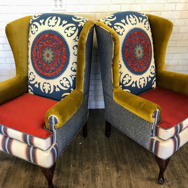 SOLD Wingback Chairs with Brindle Cowhide, and Bright Fabrics // Vintage Upholstered Chairs // Up-Cycled Furniture