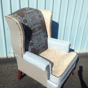 SOLD Wingback Chair with Blue Fabric and Accents and Painted Legs // Accent Chair // Arm Chair // Vintage Up-cycled Upholstered Chair image 3