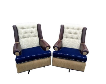 SOLD Rocking Chair Swivel Rocker Chair with Cream Damask, Blue Velvet, Dark Leather, and Vintage French Grain Sacks // Vintage Upholstered