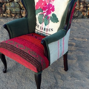 SOLD Accent Arm Chair Vintage Upholstered with Green Velvet and Suzani Fabrics and Clean Coffee Sack // Living Room Chair // Otomi Chair