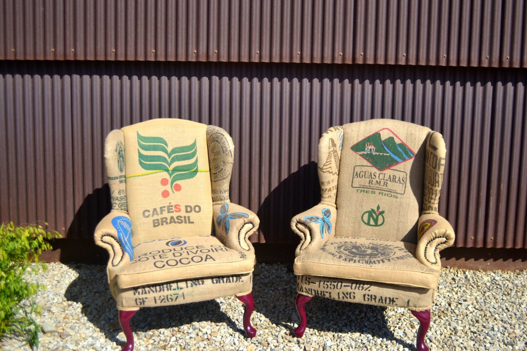 SOLD Custom Chair Custom Upholstered Vintage Wingback Chairs Upcycled With Clean Coffee Bean Sack Jute Burlap Accent Chair Living Room Etsy