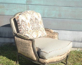 SOLD Chair French Bergere Arm Chair with Coffee Jute Sacks, Ticking Stripe, and Nail Work // Accent Chair // Up-Cycled Chair