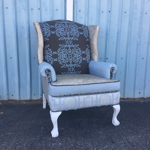 SOLD Wingback Chair with Blue Fabric and Accents and Painted Legs // Accent Chair // Arm Chair // Vintage Up-cycled Upholstered Chair image 1