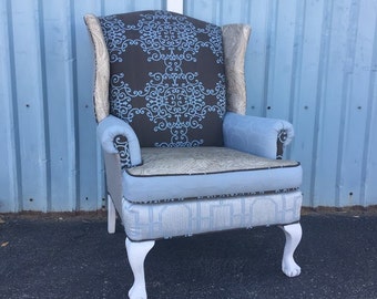 SOLD Wingback Chair with Blue Fabric and Accents and Painted Legs // Accent Chair // Arm Chair // Vintage Up-cycled Upholstered Chair