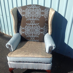 SOLD Wingback Chair with Blue Fabric and Accents and Painted Legs // Accent Chair // Arm Chair // Vintage Up-cycled Upholstered Chair image 2