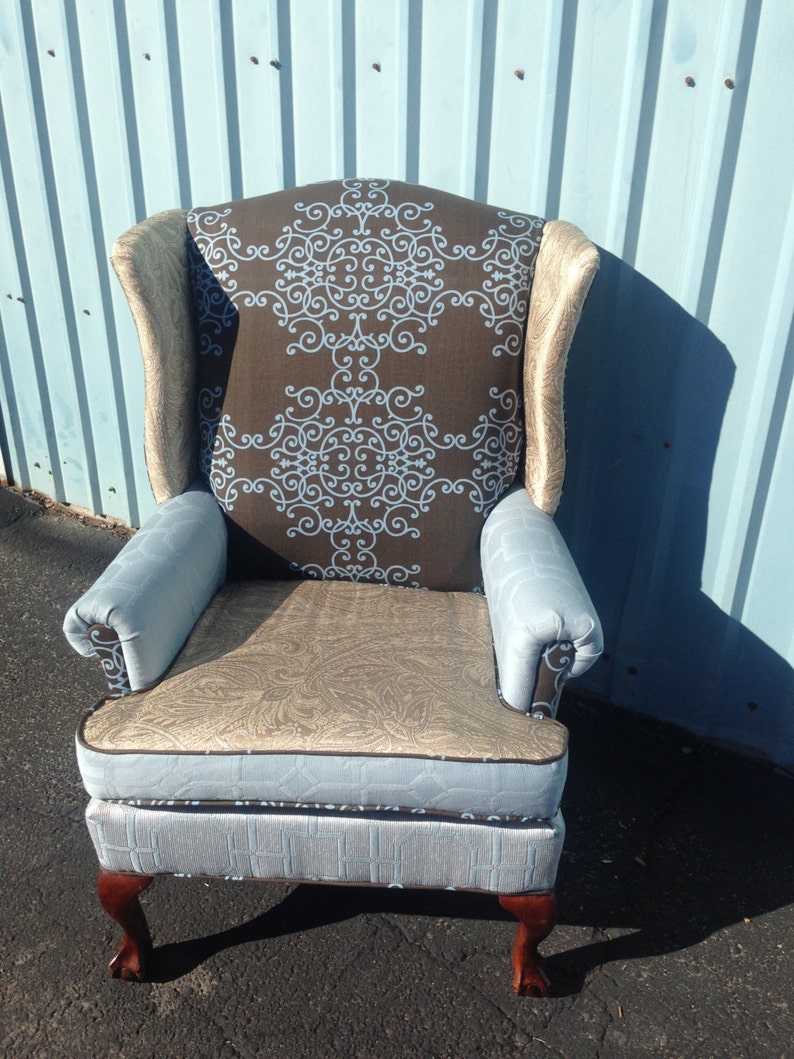 SOLD Wingback Chair with Blue Fabric and Accents and Painted Legs // Accent Chair // Arm Chair // Vintage Up-cycled Upholstered Chair image 2