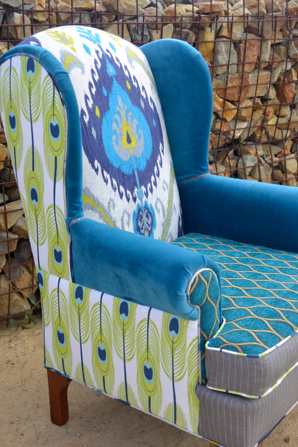 Custom Vintage Upholstered Wingback Chair Upcycled Peacock // 