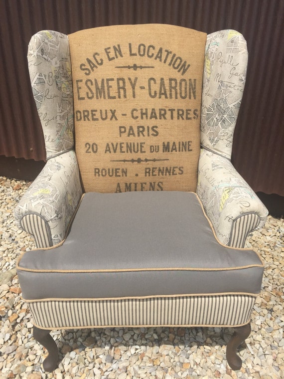 SOLD Wingback Chairs With Vintage French Burlap Sack Grey Linen