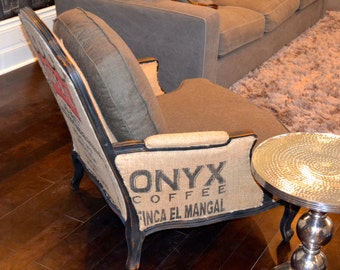 SOLD Accent Chair // Custom Pair of Vintage French Bergere, Coffee Sack Arm Chairs // Living Room Chair // Farmhouse decor