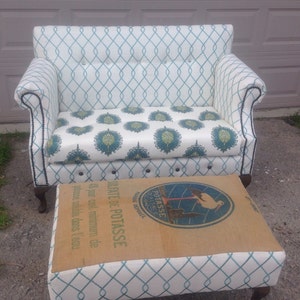 SOLD Loveseat, Settee Custom Handmade with Vintage French Grain Sack Ottoman // Antique Sofa Couch // Vintage French Sofa // custom loveseat