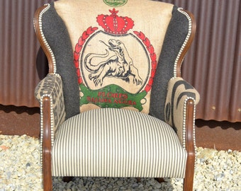 SOLD Accent Chair Arm Chair Upholstered with Coffee Sack Burlap Jute and Ticking Stripe and Wool Living Room Chair  Vintage Up-Cycled Chair