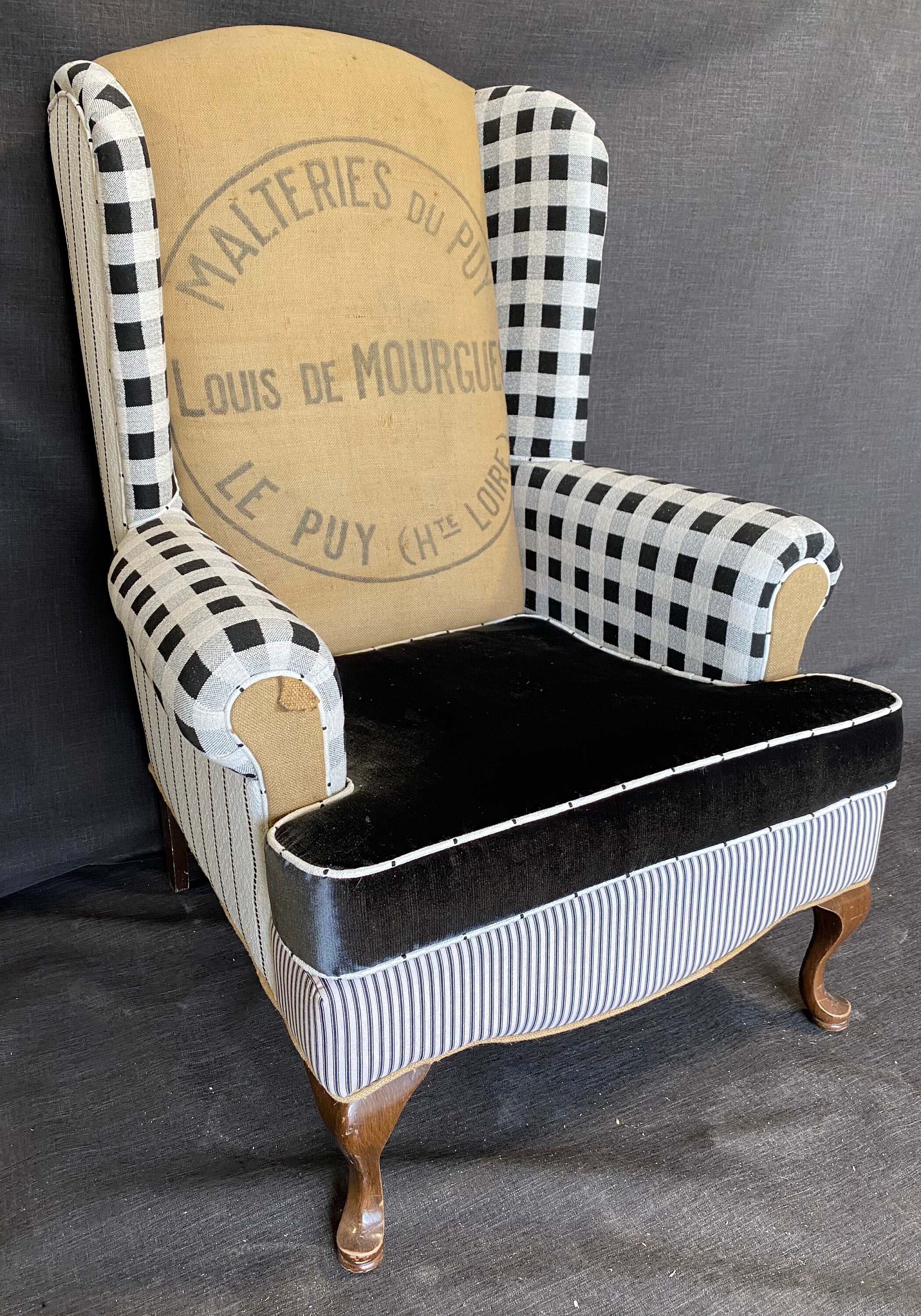 Custom Vintage Upholstered Wingback Chair Upcycled Black and White