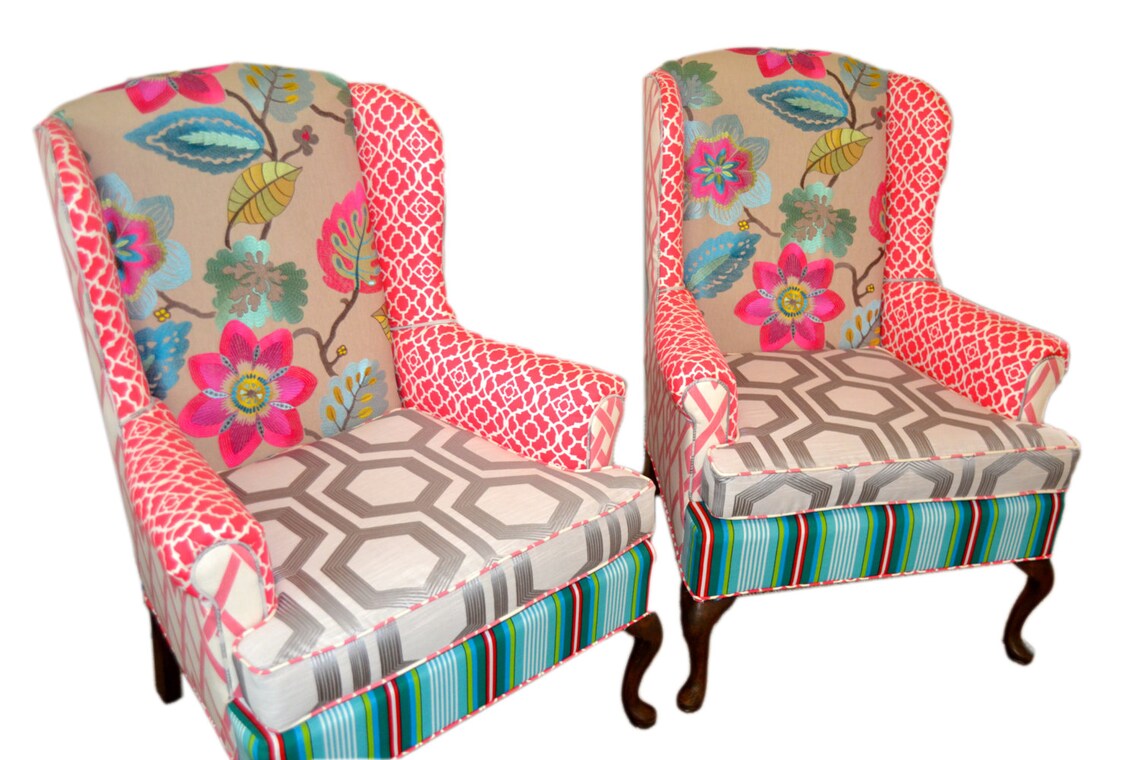 Wingback Chairs with Funky Pink and Blue Fabrics Geometric Etsy