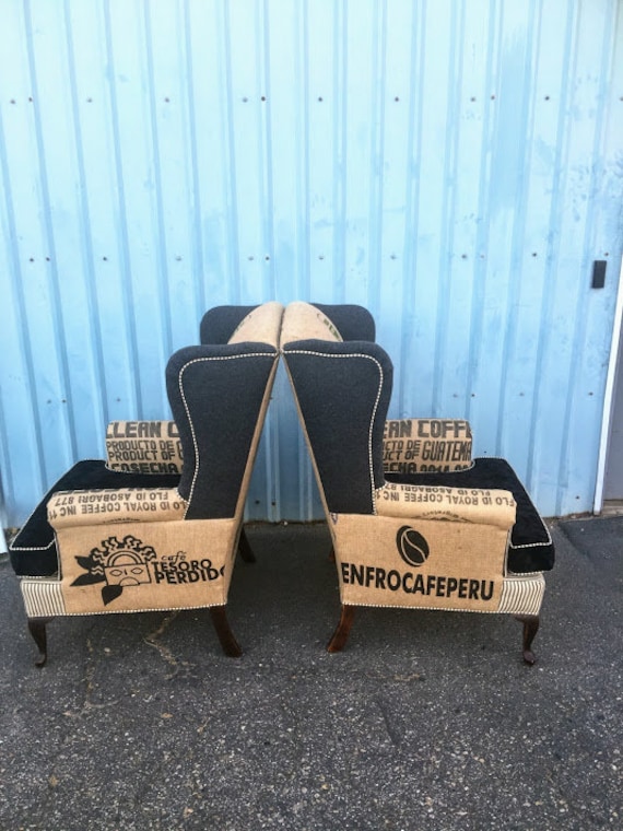 SOLD Wingback Upholstered Chairs With Clean Jute Coffee Sacks