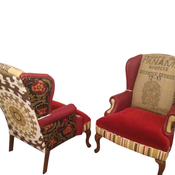 SOLD Chair Vintage Wingbacks with Leather & Nailwork // Farmhouse Decor // Living Room Chair // Kravet Prints // Coffee Sack