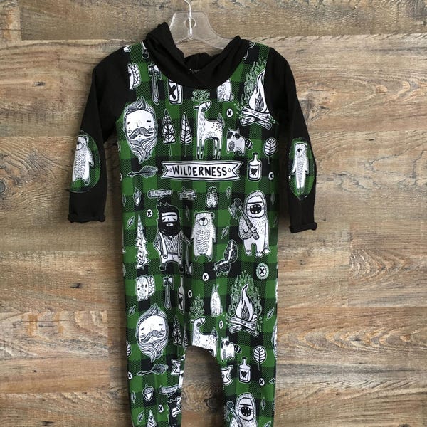 SALE! - Green Wilderness Hooded Romper w Bear Elbow Patches
