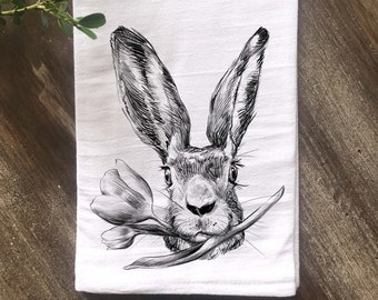 Spring Towel, Hello Spring, Rabbit with Flowers Flour Sack Tea Towel, Farmhouse Kitchen Towel, Vintage Kitchen,  Multiple colors