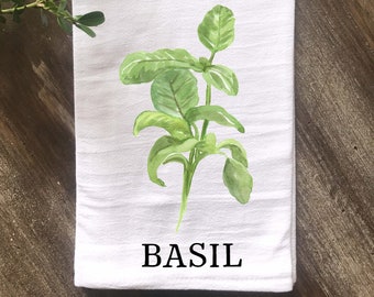 Basil Herb Kitchen Flour Sack Tea Towel, Farmhouse Kitchen Towel, Vintage Kitchen,  Color or Black and White