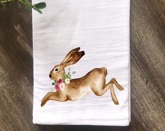 Spring Towel, Watercolor Rabbit with Flowers Flour Sack Tea Towel, Farmhouse Kitchen Towel, Vintage Kitchen