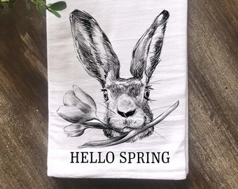 Spring Towel, Hello Spring, Rabbit with Flowers Flour Sack Tea Towel, Farmhouse Kitchen Towel, Vintage Kitchen,  Multiple colors