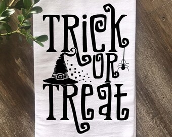 Halloween Trick or Treat Tea Towel, Thanksgiving Tea Towel, KitchenTea Towel, Custom Kitchen Towel