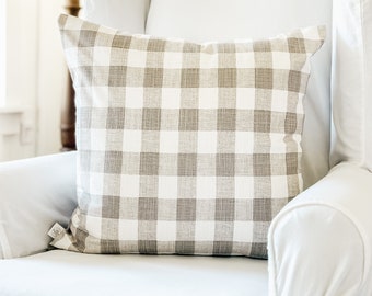 Gingham Pillow Cover, Linen Pillow Cover, Decorative Pillow Cover, Custom Pillow Cover - Gray Beige Check