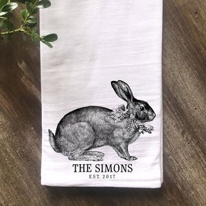 Farmhouse Vintage Rabbit Personalized Easter Kitchen Flour Sack Tea Towel, Farmhouse Kitchen Towel, Vintage Kitchen,  Multiple colors