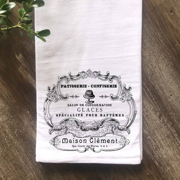 Farmhouse Flour Sack Towel Tea Towel, French Patisserie Confiserie, Vintage French Kitchen Towel, French Farmhouse