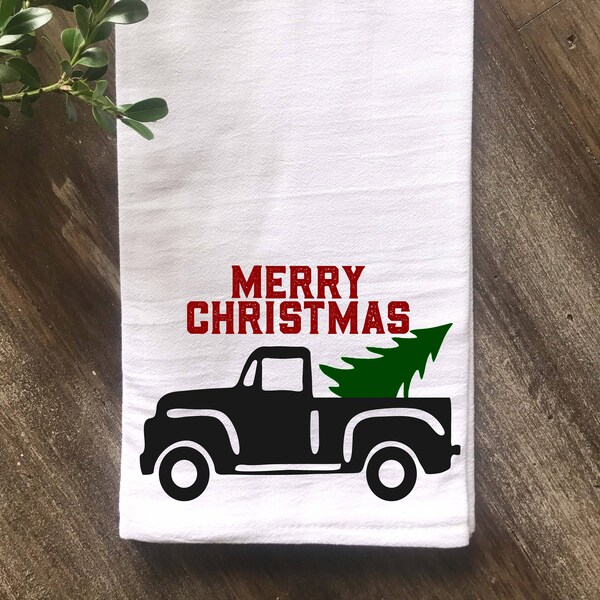 Farmhouse Christmas Vintage Truck Towel, Personalized Towel, Wedding gift, Anniversary Gift, Housewarming Gift, Hostess Gift