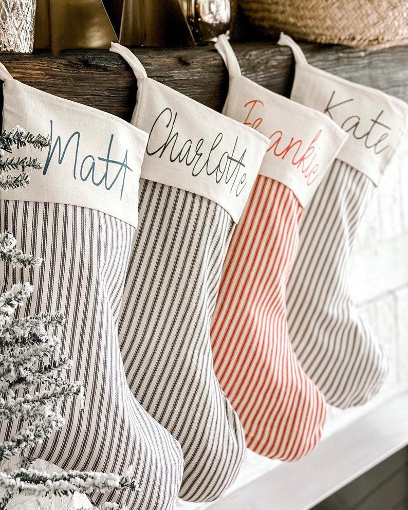 Christmas Stockings, Personalized Ticking Christmas Stockings, Christmas Decor Script or Block Font or Solid IVORY STRIPE Bild 6