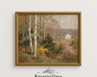 Grafika z krajobrazem w stylu vintage cottage, sztuka cottagecore, sztuka wiosennego ogrodu (pobieranie cyfrowe), stodoła wiosną