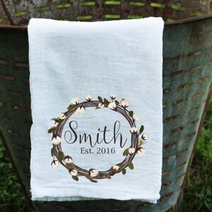 Farmhouse Personalized Flour Sack Tea Towel, Cotton wreath Kitchen Towel, Personalized Towel, Anniversary Gift, Wedding Gift, Housewarming image 2
