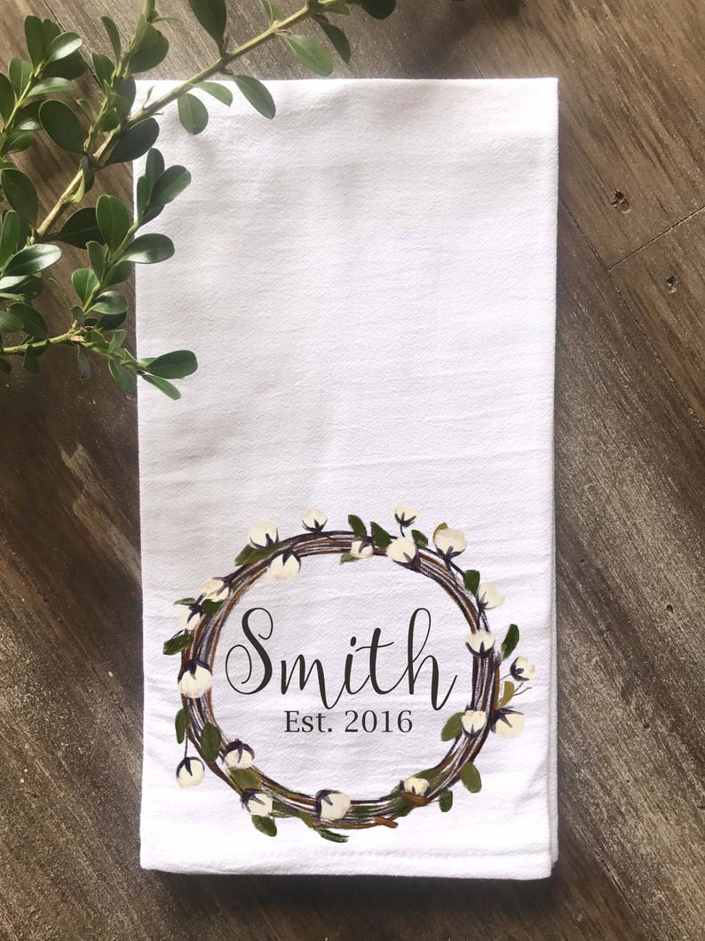 Farmhouse Personalized Flour Sack Tea Towel, Cotton wreath Kitchen Towel, Personalized Towel, Anniversary Gift, Wedding Gift, Housewarming image 1