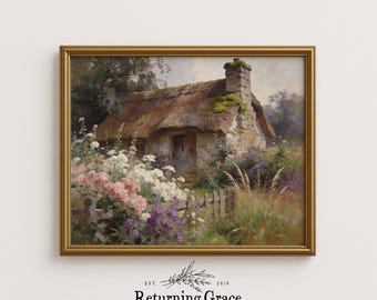 Grafika artystyczna „Vintage Cottage”, wiosenny krajobraz Cottagecore (pobranie cyfrowe), domek z ogrodem różanym