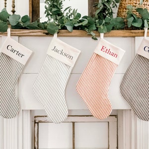 Christmas Stockings, Personalized Ticking Christmas Stockings, Christmas Decor Script or Block Font or Solid IVORY STRIPE Bild 3