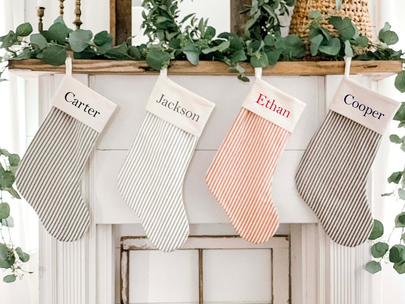 Christmas Stockings, Personalized Ticking Christmas Stockings, Christmas Decor Script or Block Font or Solid IVORY STRIPE Bild 3