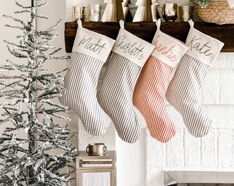 Christmas Stockings, Personalized Ticking Christmas Stockings, Christmas Decor - Script or Block Font or Solid IVORY STRIPE