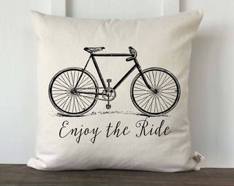 Farmhouse Pillow Cover, Enjoy the Ride Vintage Bicycle Pillow, Decorative Couch Pillow, Custom Couch Pillow, Housewarming Gift, Vintage Bike