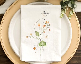 Spring Napkin, Easter Napkin, Watercolor Bouquet Orange and Blue, Dinner Napkins, Custom Napkins, Natural or White Fabric