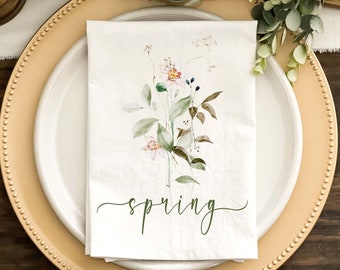 Spring Napkin, Easter Napkin, Watercolor Spring Bouquet Mix Spring Script, Dinner Napkins, Custom Napkins, Natural or White Fabric
