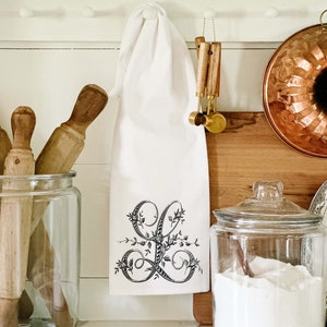 Monogrammed Towel, Farmhouse Flour Sack Towel, French Floral Monogram, Vintage Monogram, White